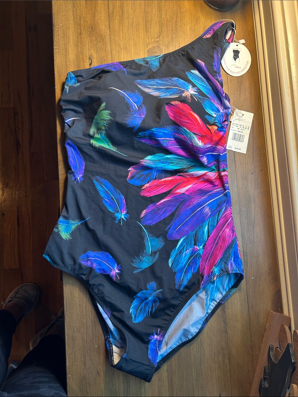 Gottex Black One-Piece Swimsuit with Vibrant Feather Print
